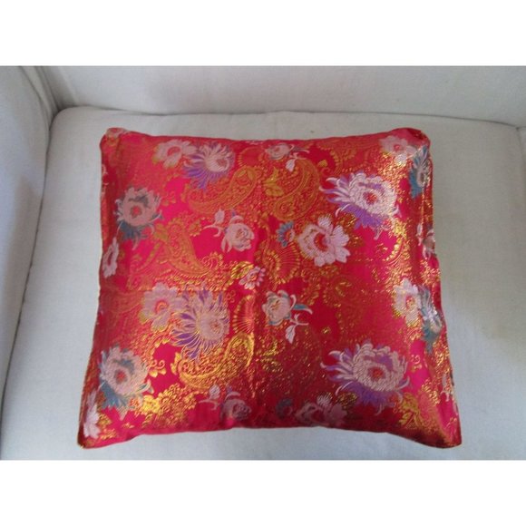 Asian Inspired Raspberry Chrysanthemum Floral Gold Accent Brocade Pillow Covers - Picture 4 of 16